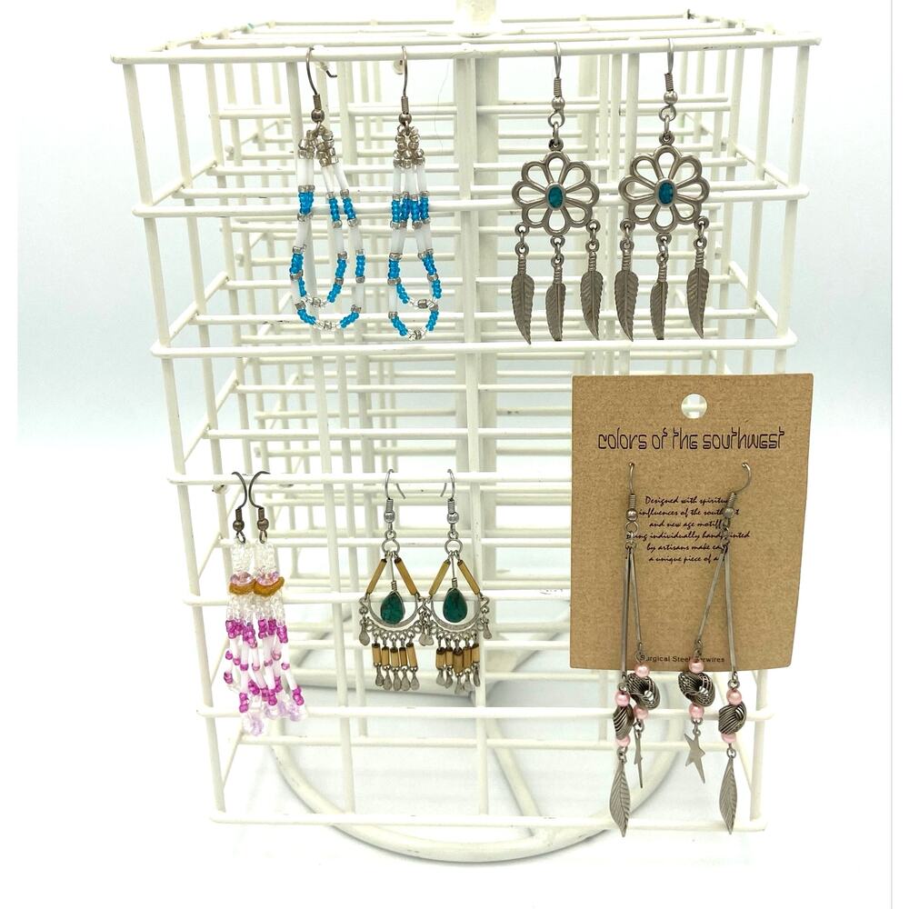 Lot Of 5 Dangle Earrings Southwestern Tribal Ethnic Boho Silver Tone Pierced